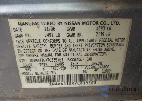 2007 Nissan Maxima 3.5 Sl from USA, damaged, VIN 1N4BA41EX7C839563